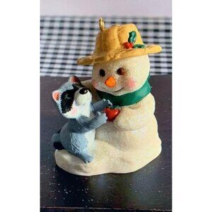 Hallmark 2001 Snow Buddies Snowman Raccoon Glitter Ornament Collectible